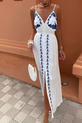 Sexy Flowers Embroidered Slit V Neck Sling Dresses