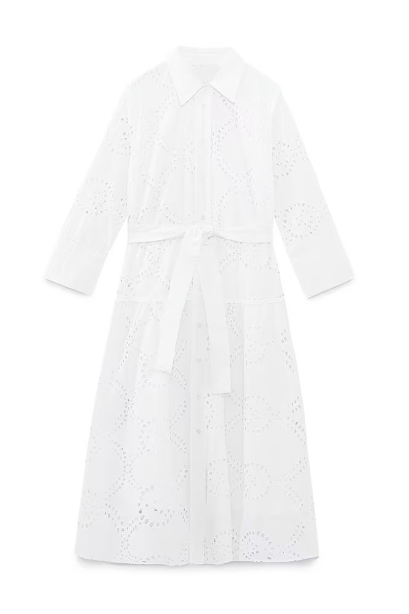 Casual Daily Solid Color Embroidered Hollow Out Lace Up Turndown Collar A Line Dresses