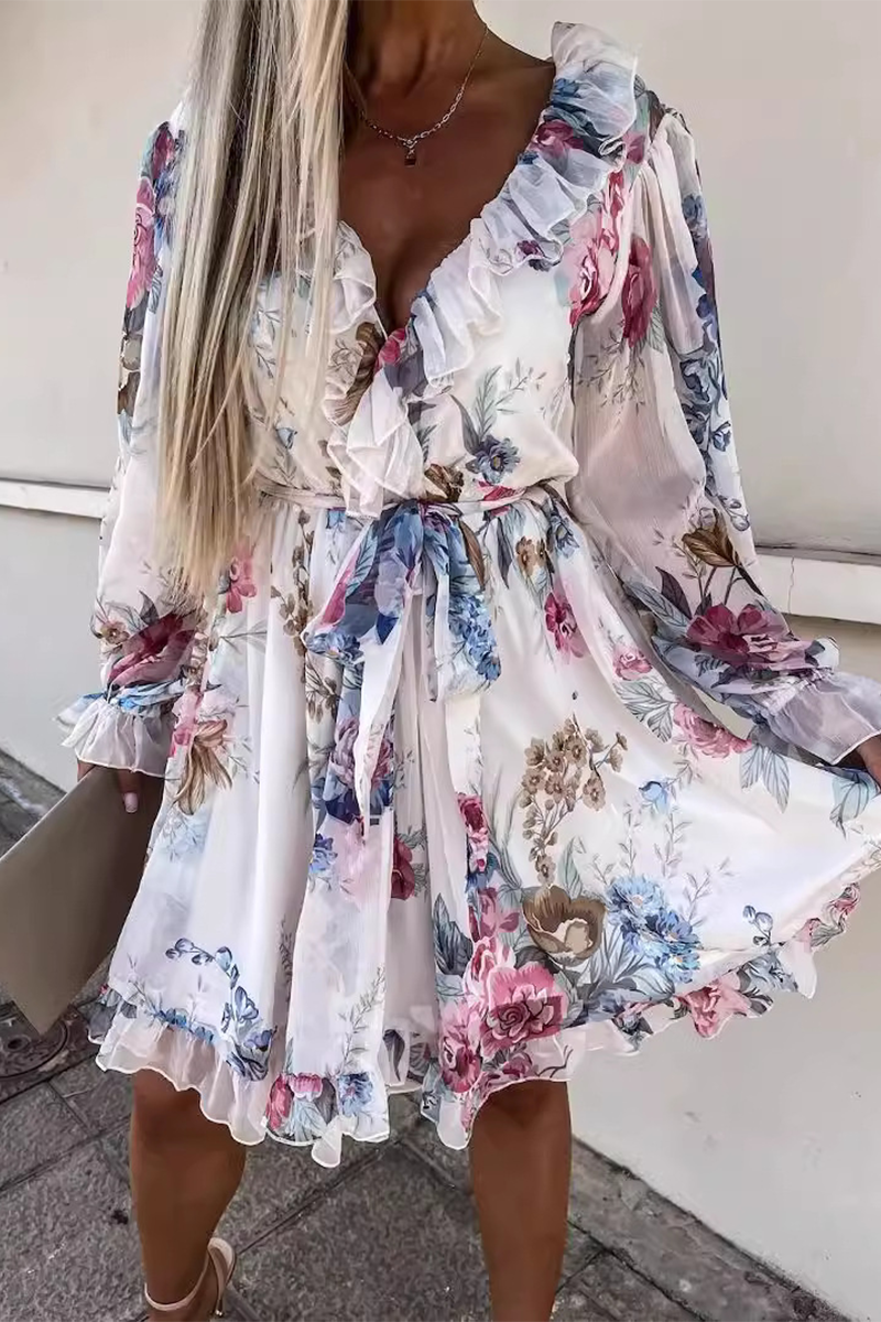 Sexy Floral Print Lace Up Ruffle V Neck Waist Skirt Dresses