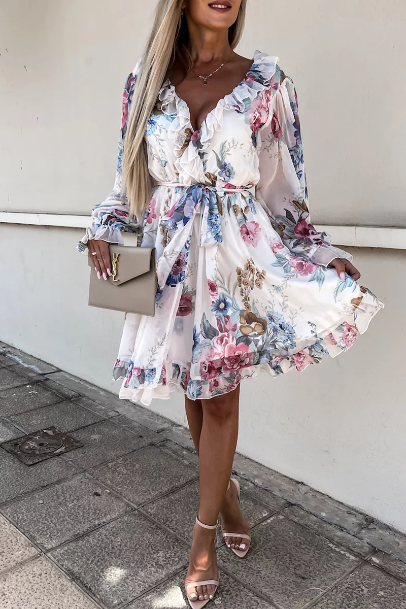 Sexy Floral Print Lace Up Ruffle V Neck Waist Skirt Dresses