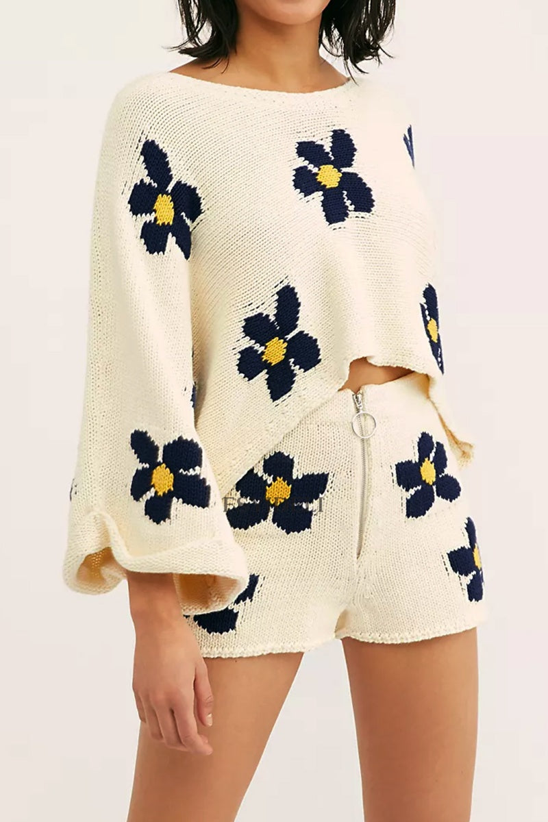 Casual Flowers Patchwork Zipper O Neck Long Sleeve Two Pieces