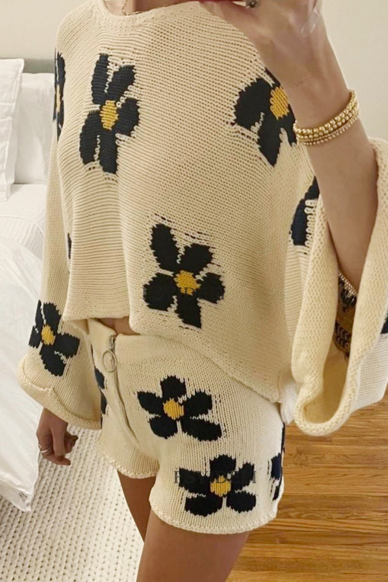 Casual Flowers Patchwork Zipper O Neck Long Sleeve Two Pieces