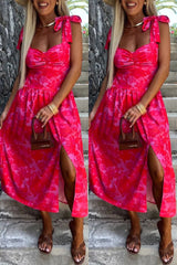 Casual Solid Color Floral Print Backless Slit Belted Spaghetti Strap Sleeveless Dresses(7 Colors)