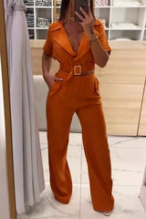 Casual Street Solid Color Pocket Turn-back Collar Short Sleeve Two Pieces
