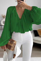 Elegant Solid Color Ruched V Neck Tops