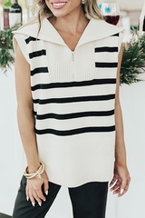 Casual Stripe Zipper Knit Turndown Collar Tops