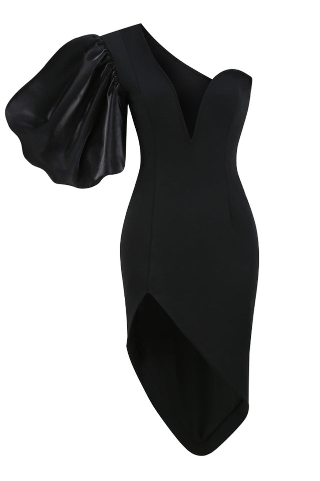 Black Puff Sleeve Asymmetric Midi Dress