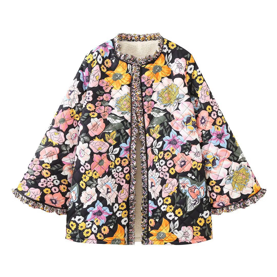 Fur Shearling Block Ruffle Edges Flowers Quilted Floral Patchwork Bomber Jacket