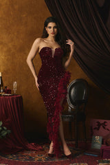Cecilia Sequin Feather Trimmed Maxi Dress