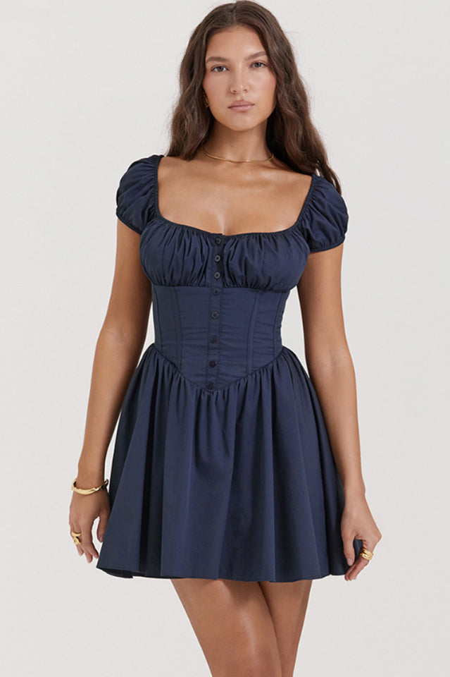Nala French Navy Gathered Mini Dress