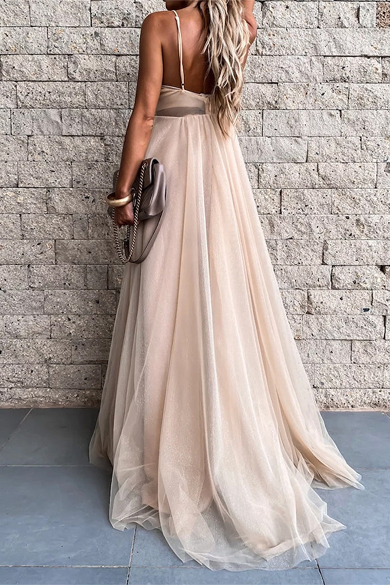 inostorâ„?Sexy Formal Solid Mesh V Neck Evening Dress Dresses