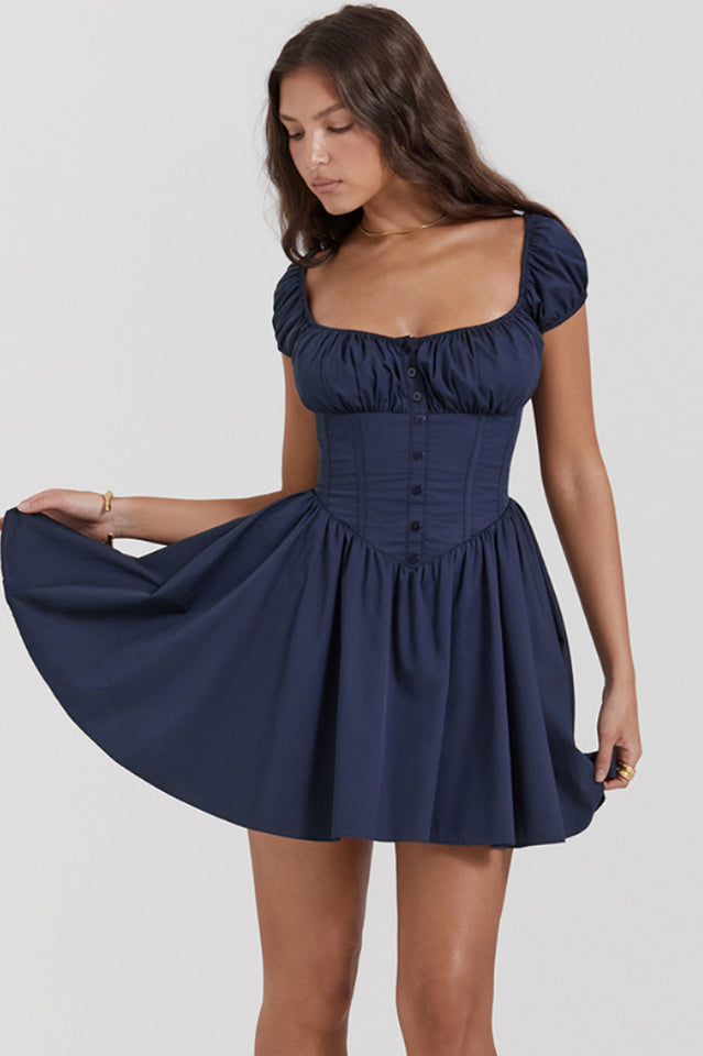 Nala French Navy Gathered Mini Dress