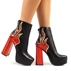 Red Flames Black Platform Retro Style Ankle Boots