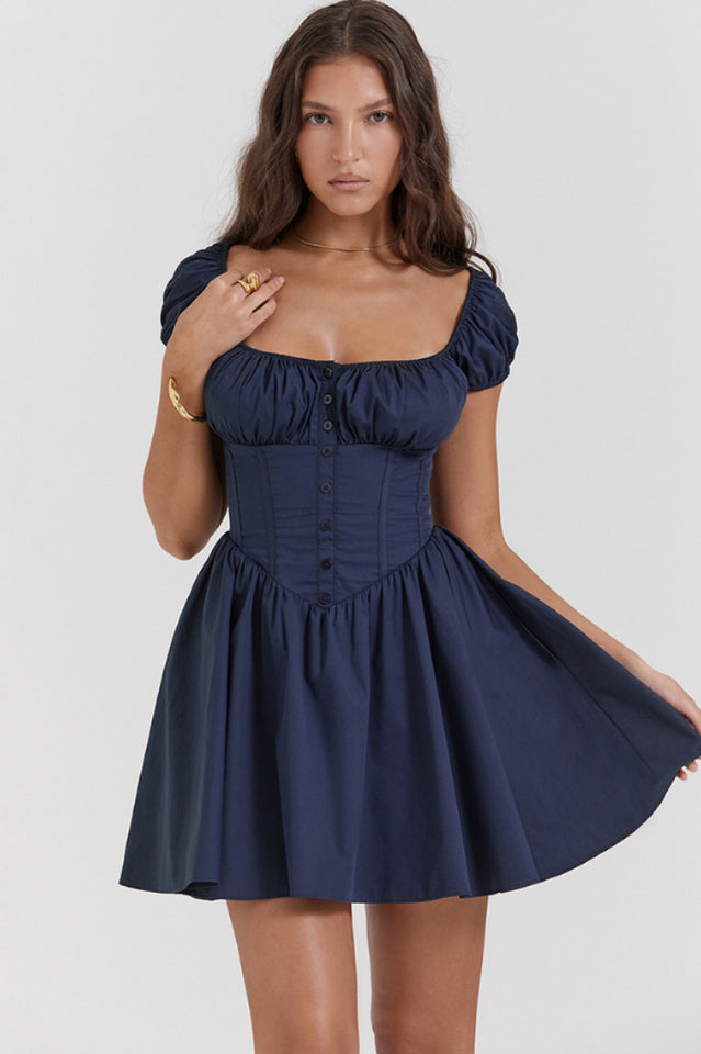 Nala French Navy Gathered Mini Dress