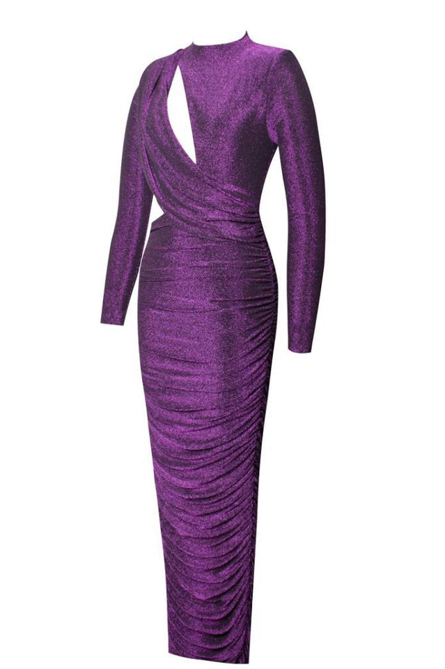 Sparkly Ruched Cutout Split Maxi Dress