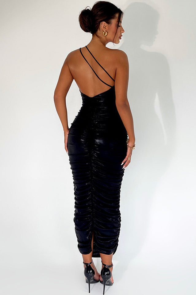 One Shoulder Metallic Maxi Dress