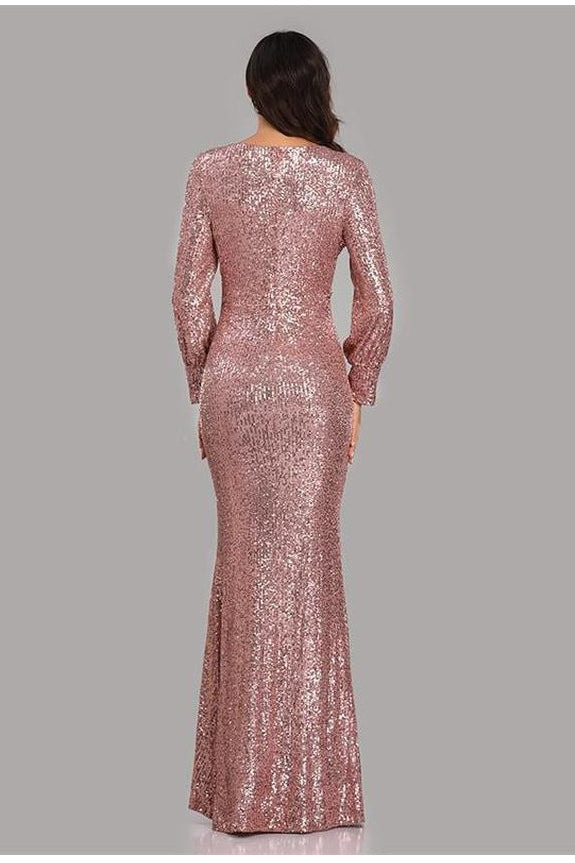 inostorâ„?Long Sleeve V Neck Sequined Fishtail Evening Dress