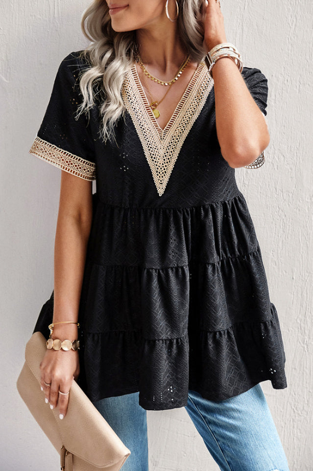 Contrast Short Sleeve Tiered Blouse