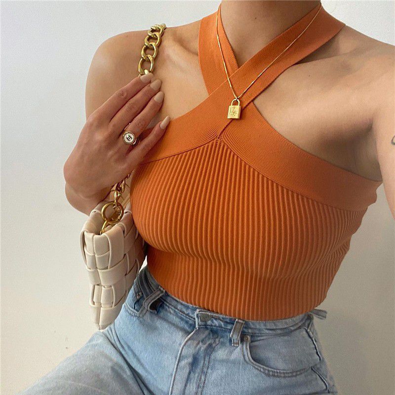 Crinkle Wide Ribbed Rib Criss Cross Halter Crop Top