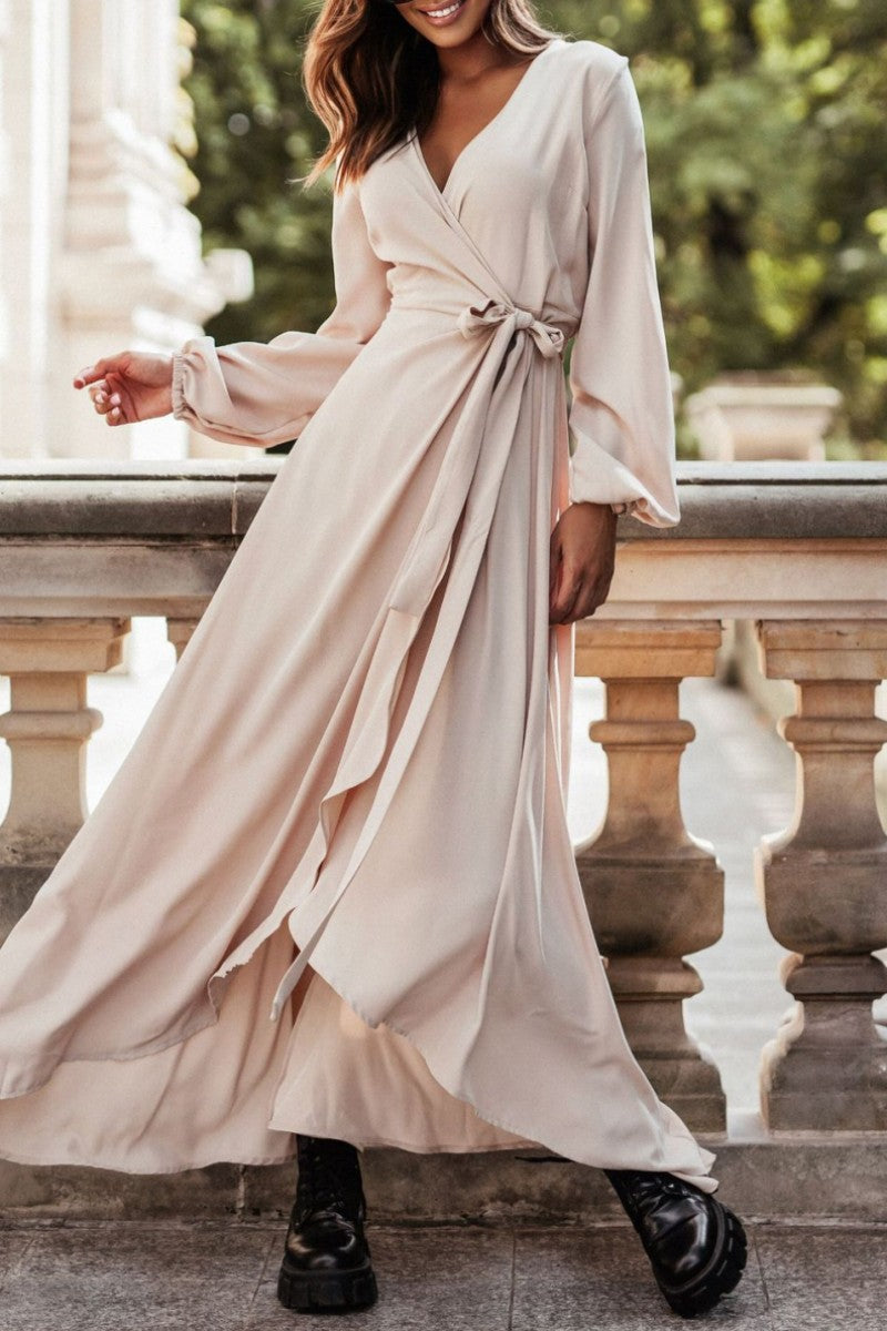 inostorâ„?Casual Solid Frenulum Slit V Neck Long Sleeve Dresses