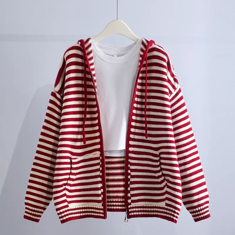 Candy Colorblock Multi Stripes Zipper Cardigan With Hood