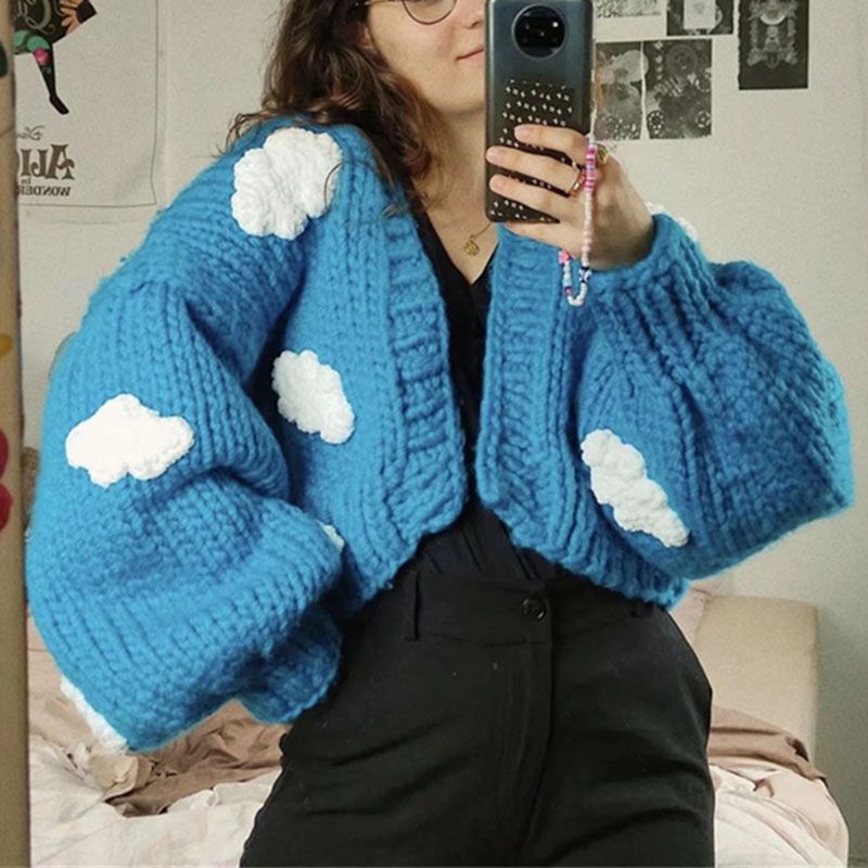 Kawaii Y2K Aesthetic Chunky Cable Knitted Cardigan Coat