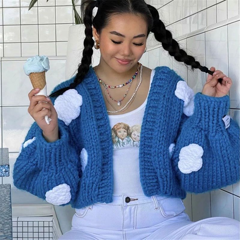 Kawaii Y2K Aesthetic Chunky Cable Knitted Cardigan Coat