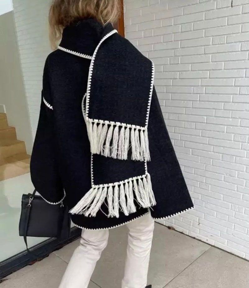 Embroie Draped Fringed Tassel Wool Blend Scarf Jacket Outerwear