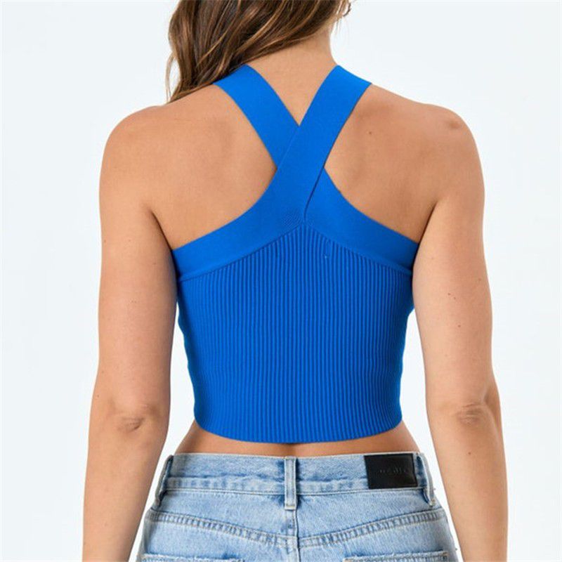 Crinkle Wide Ribbed Rib Criss Cross Halter Crop Top