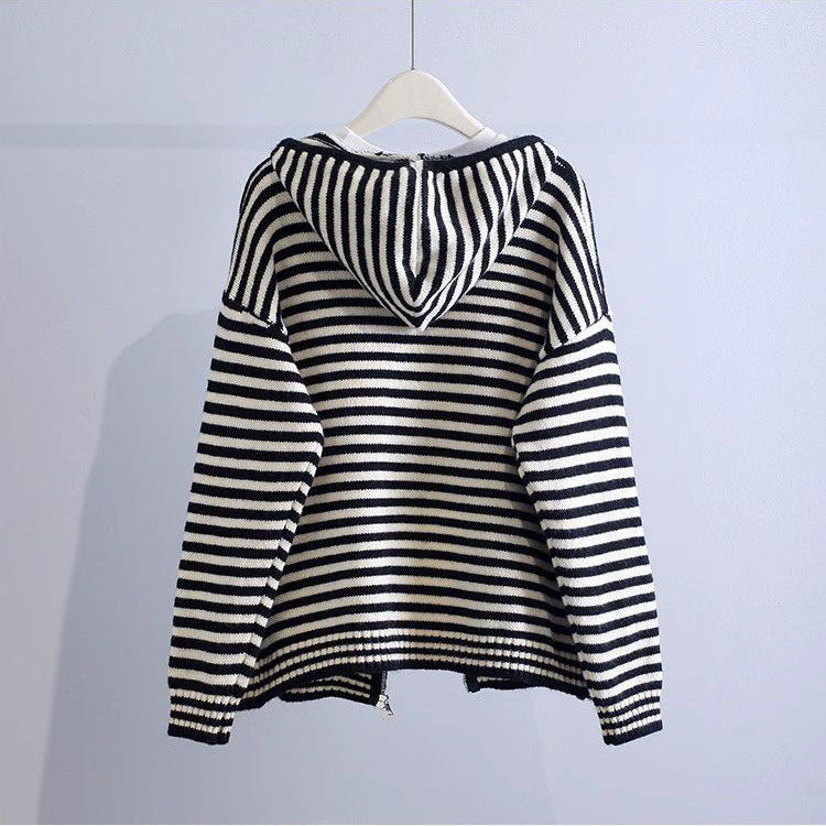 Candy Colorblock Multi Stripes Zipper Cardigan With Hood