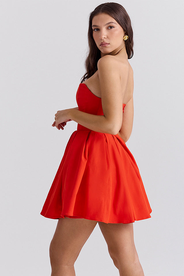 Emmanuela Tomato Strapless Pleated Mini Dress