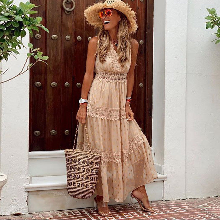 inostorâ„?Boho Lace Casual Sleeveless V Neck Elegant Party Dress