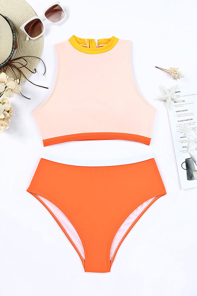 Color Block Zipped Cut Out Bikini Set