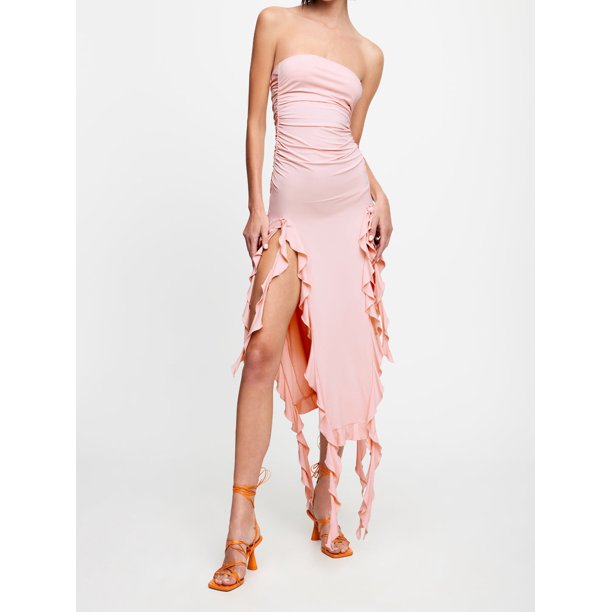 Pink Rushed Strapless Midi Dress
