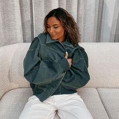 Green Contrast Stitch Leather Bomber Jacket