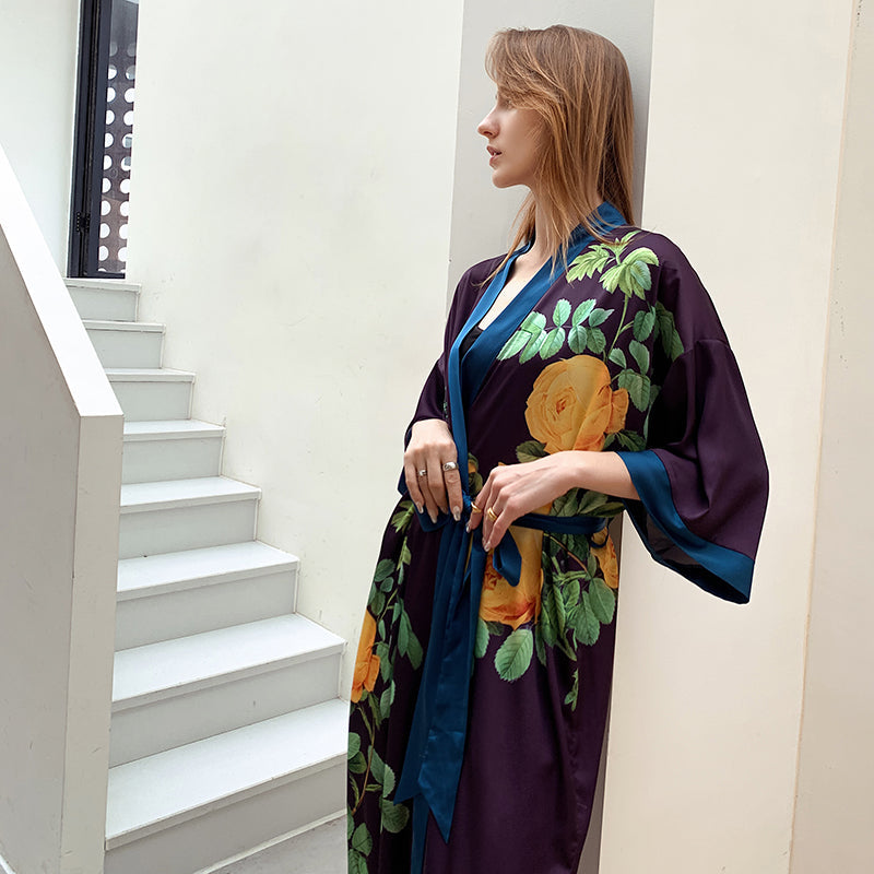 Purple Light Luxury Silky Satin Kimono Robe