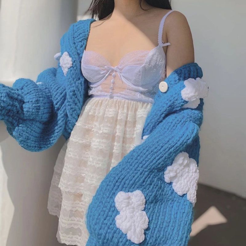 Kawaii Y2K Aesthetic Chunky Cable Knitted Cardigan Coat