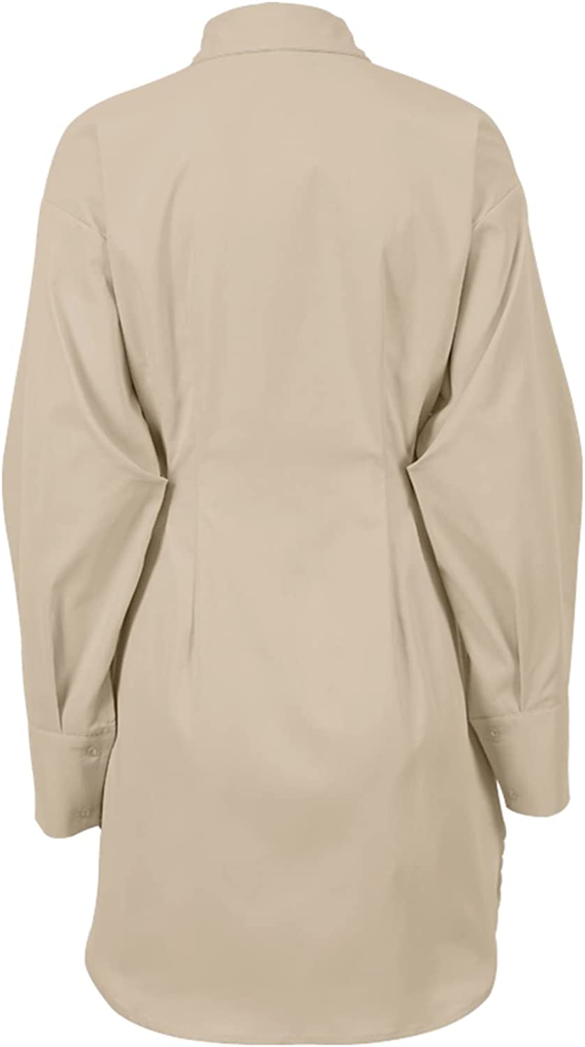 Beige Pleated Waist Mini Shirt Dress