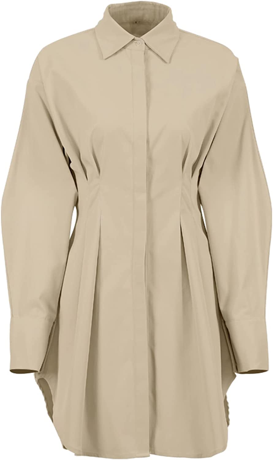 Beige Pleated Waist Mini Shirt Dress