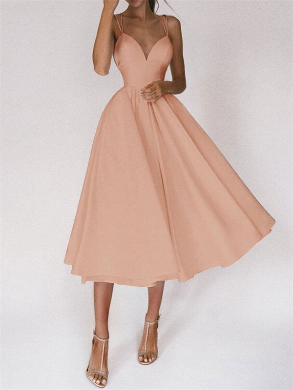 inostorâ„?A-Line Ruffles V-neck Sleeveless Satin Tea-Length Dress