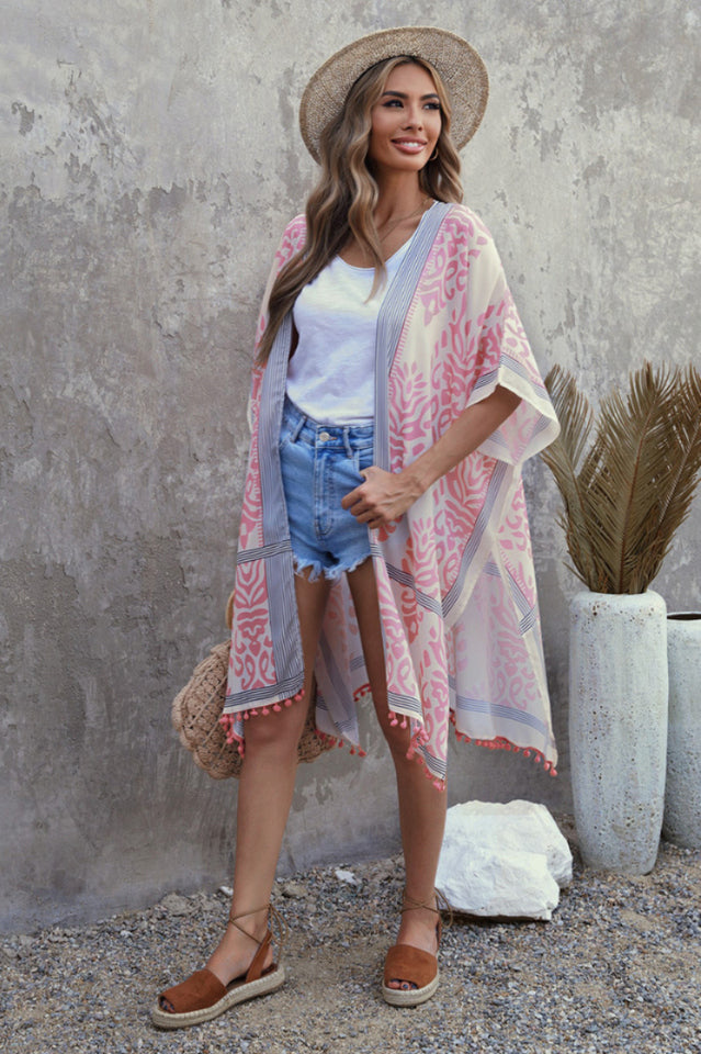 Seaside Resort Cardigan Printed Pompom Kimono