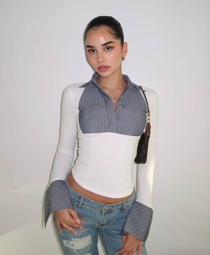 Officecore Pinstriped Splicing Collar Blouse