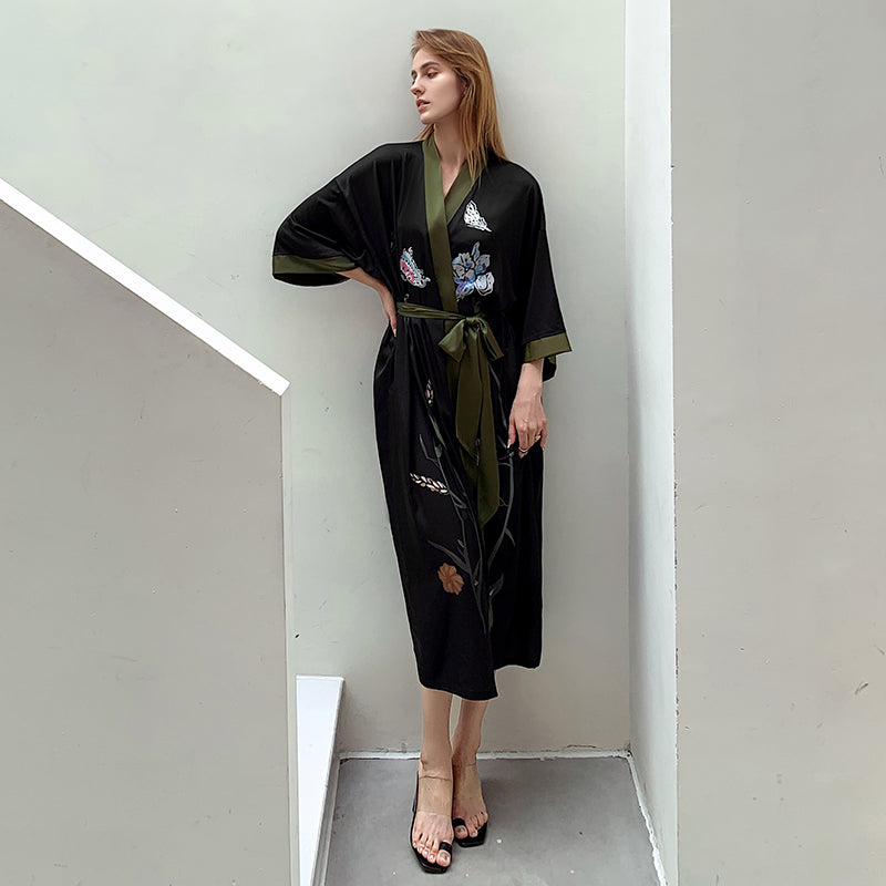 Black Khaki Light Luxury Silky Satin Kimono Robe