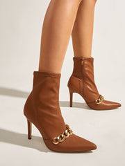 Gold Chain Detail Pointed-Toe Ankle Brown Boots