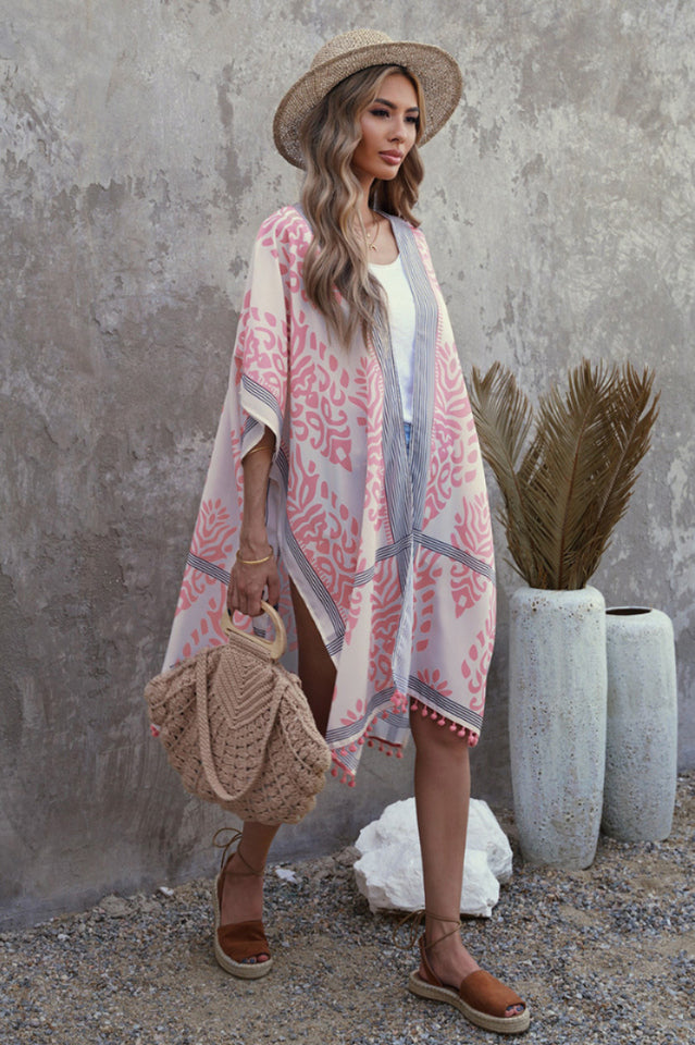 Seaside Resort Cardigan Printed Pompom Kimono