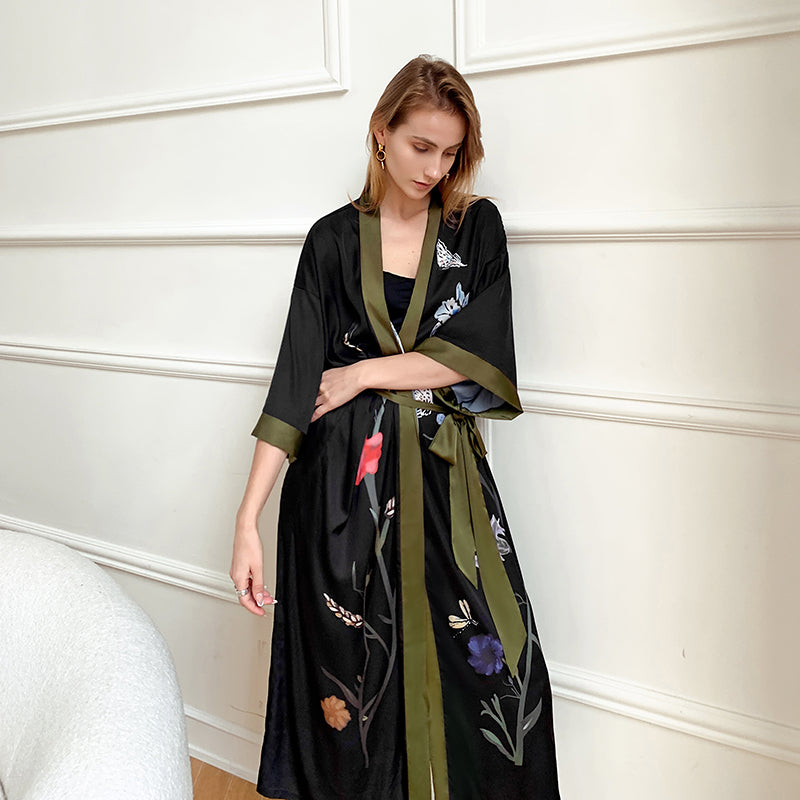 Black Khaki Light Luxury Silky Satin Kimono Robe