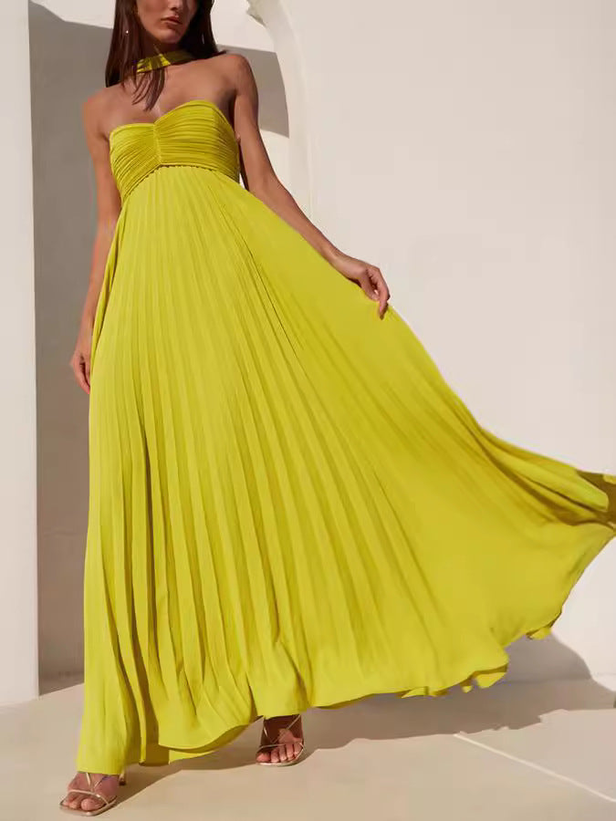 inostorâ„?Pure color strapless pressed pleated dress