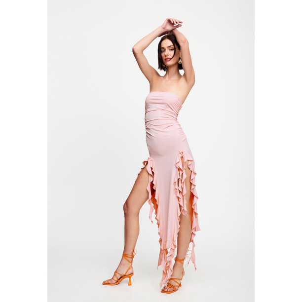 Pink Rushed Strapless Midi Dress