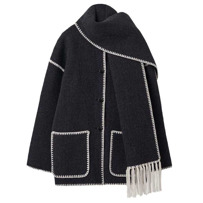 Embroie Draped Fringed Tassel Wool Blend Scarf Jacket Outerwear