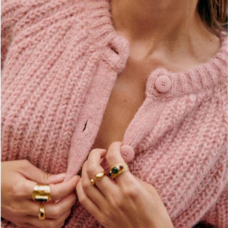 Mottled Pink Ribbed Round Neck Button Up Cardigan Sweater